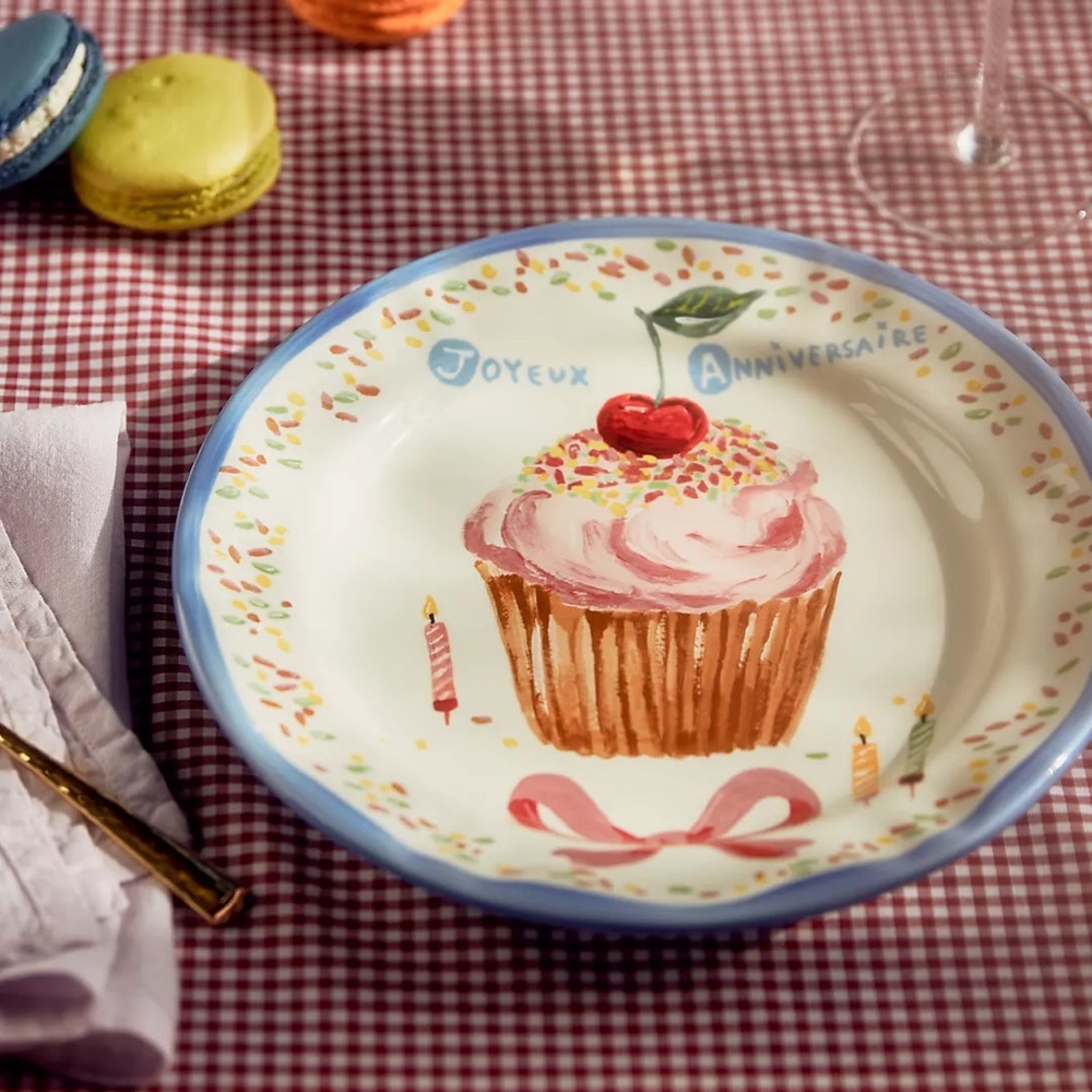 Anthropologie Blue Rim Joyeux Anniversaire Dessert Plate with Pink Cupcake